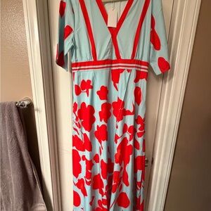 Floral V-Neck Dress in Red and Light Blue